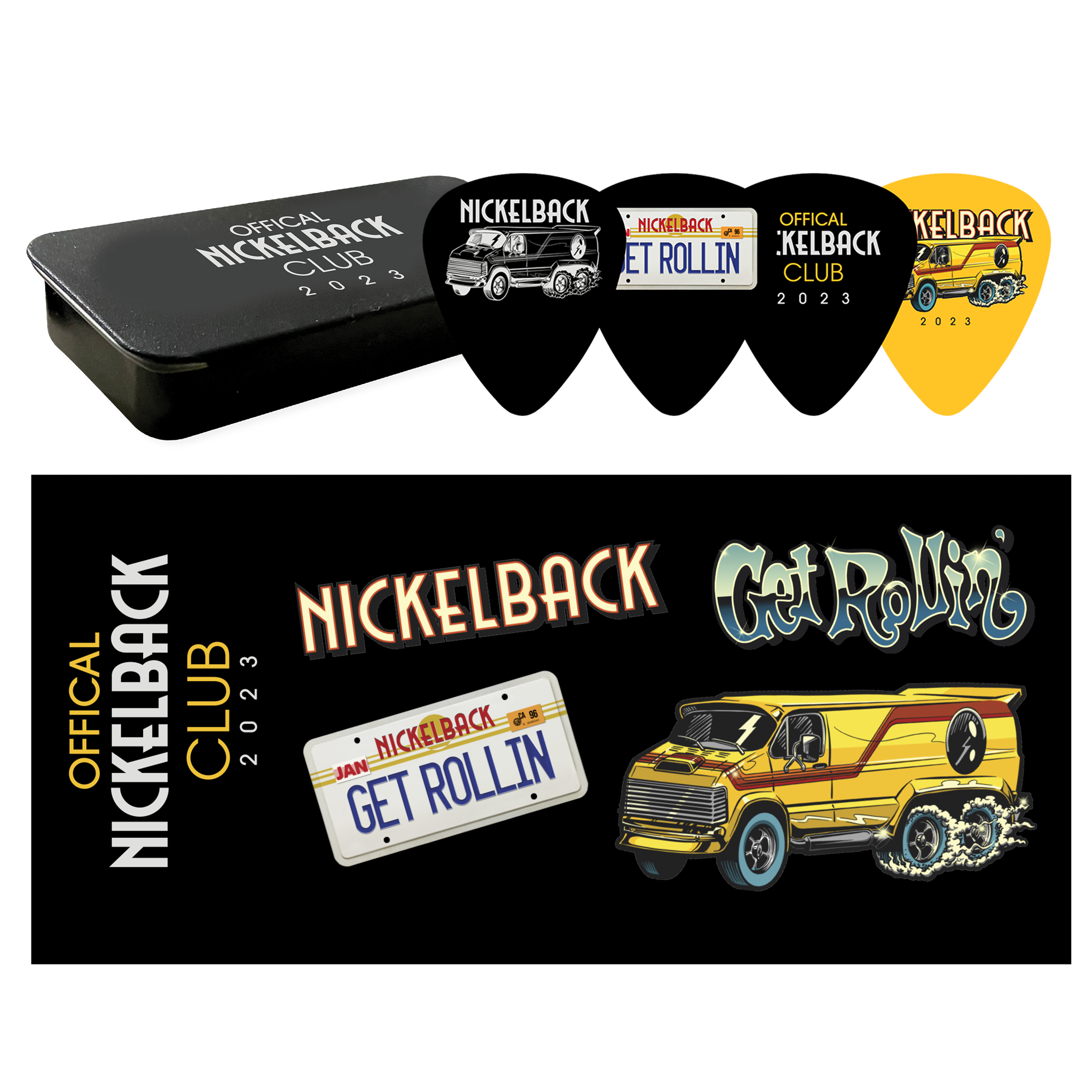 Nickelback Club Pick Tin Set and Sticker Sheet Bundle