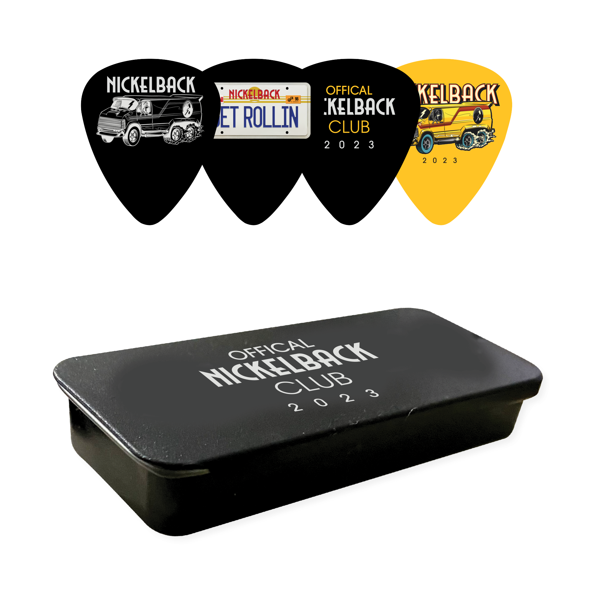 Nickelback Club Pick Tin Set and Sticker Sheet Bundle